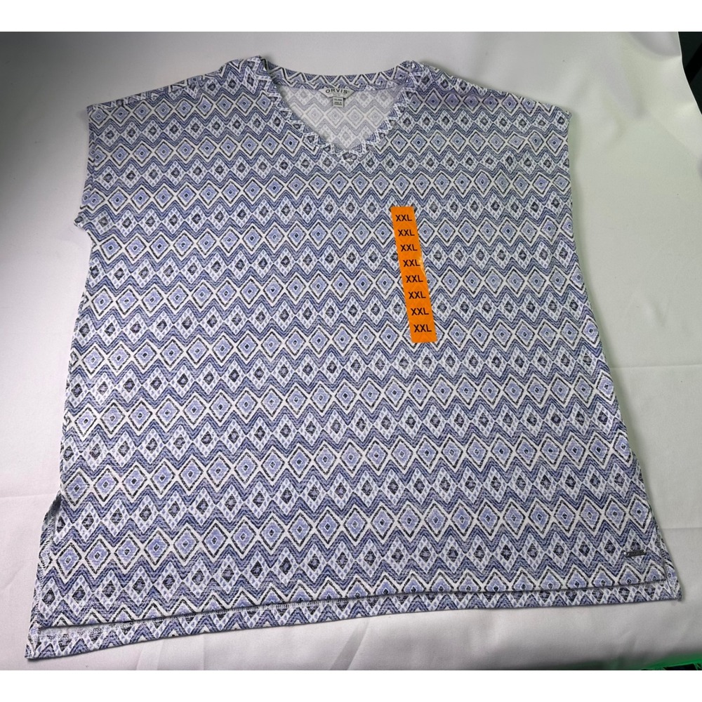 Orvis Classic Collection Women Top Blue White Geometric V-Neck NWT Size XXL Boho